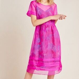 Anthropologie Gabrielle Silk Organza Midi Dress - Hot Pink with slip Size 12